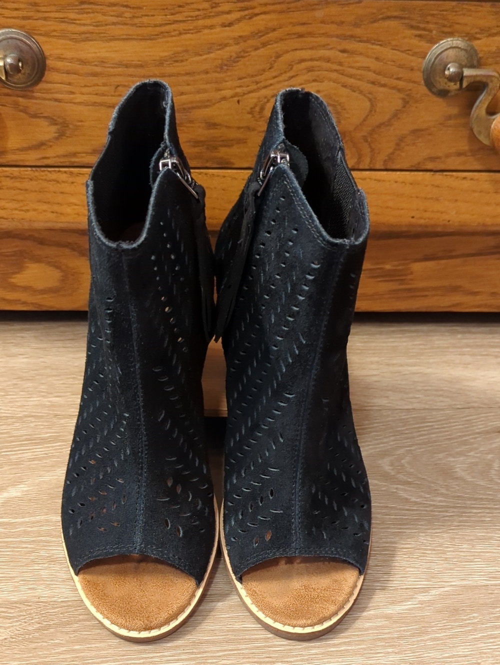 TOMS Black Suede Majorca Peep Toe Perforated Booties Block Heel Size 6.5